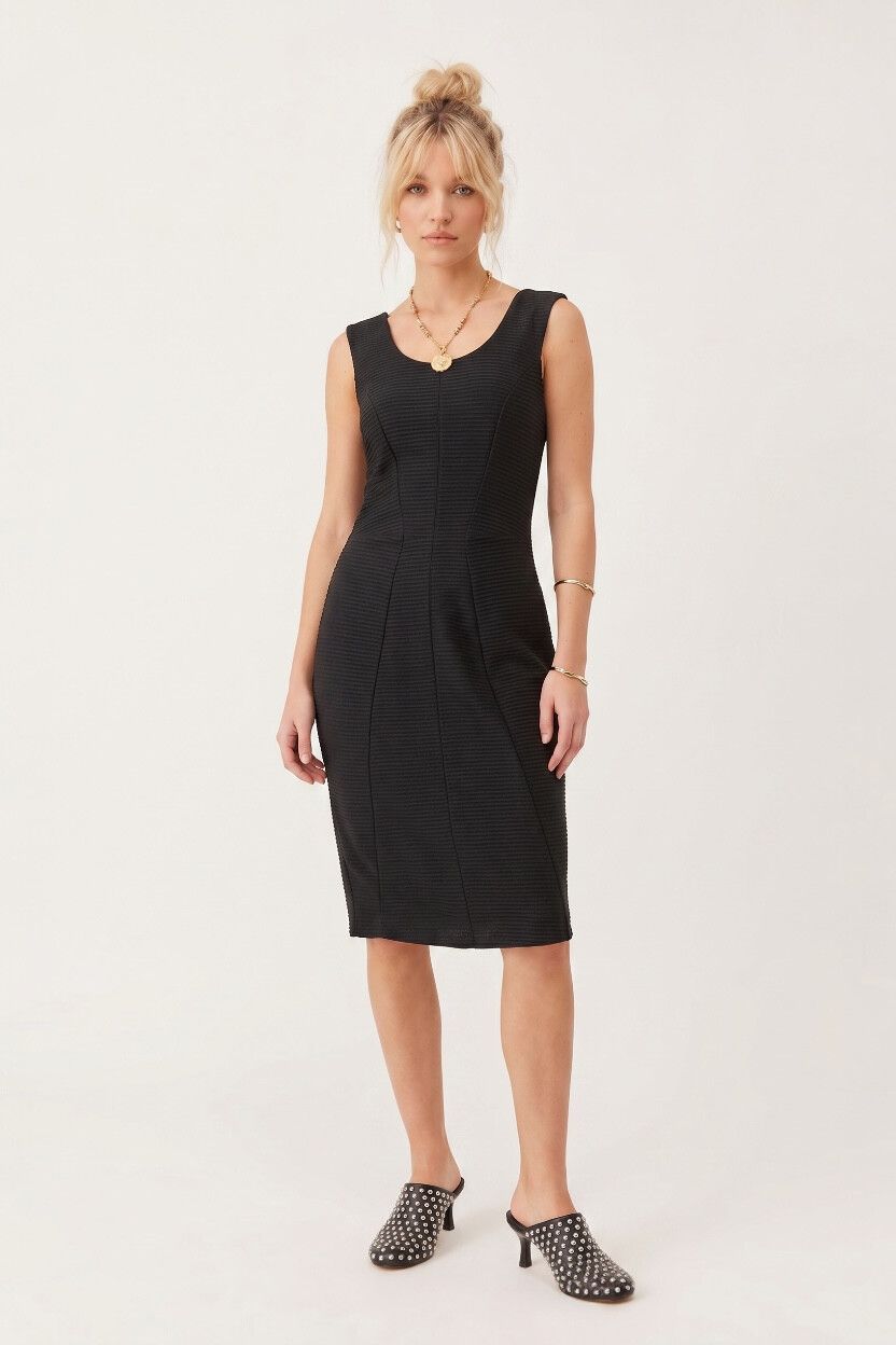 Trelise Cooper "Lifestyles of the Rib + Famous" Black Ribbed Sheath Dress — Stretch Bodycon, Boardroom, Executive Presence