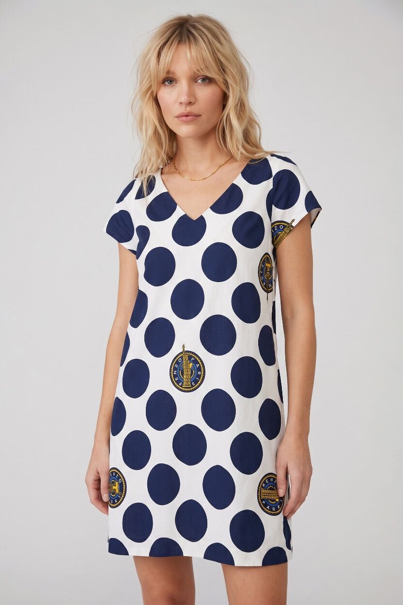 Vintage Kenzo Eiffel Tower Polka Dot Mini Shift Dress — White Navy, 90s-00s, White Navy