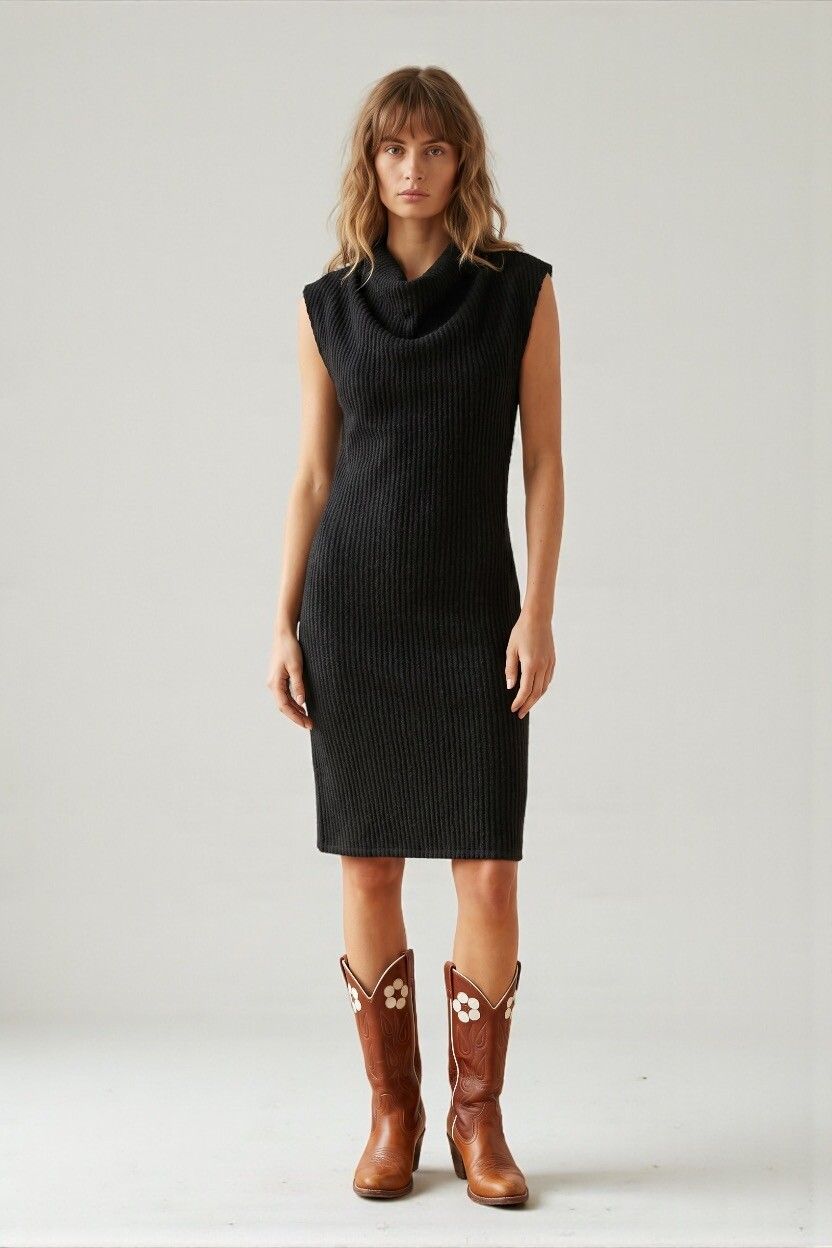 Black Dark Brown Wool Blend Ribbed Midi Dress — Cowl Neck, Sheath Dress, Stretch Knit, Winter Dress
