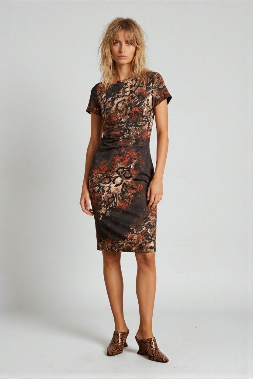 Karen Millen Autumn Snake Print Fitted Midi Sheath Dress — Orange Brown Ivory