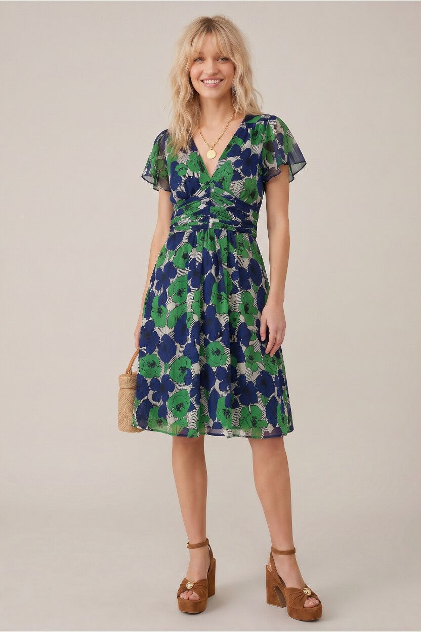 Karen Walker Blue Green Floral Chiffon Mini Dress — Ruched Bodice, Flutter Sleeve, Picnic Dress