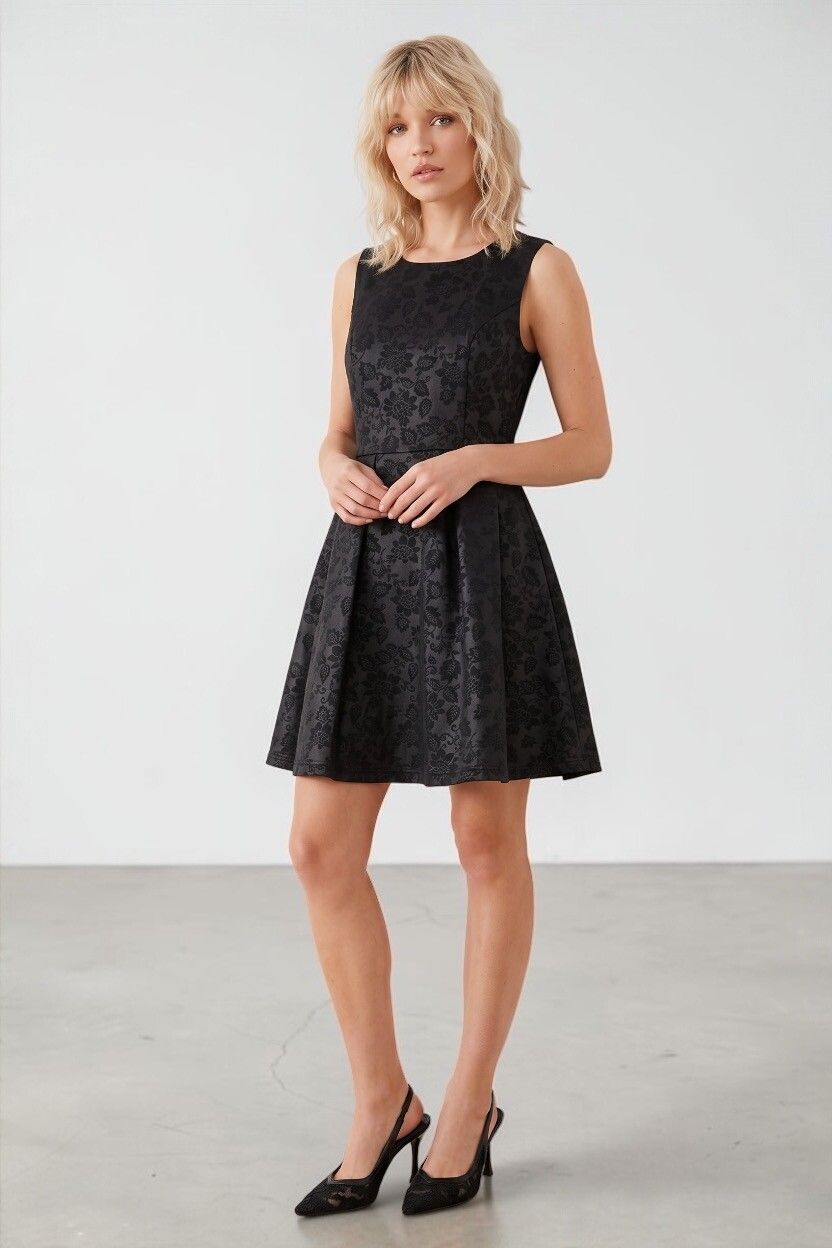 Black Satin Jacquard Floral Fit & Flare Pleated Mini Dress — Skater Dress, Stretch LBD
