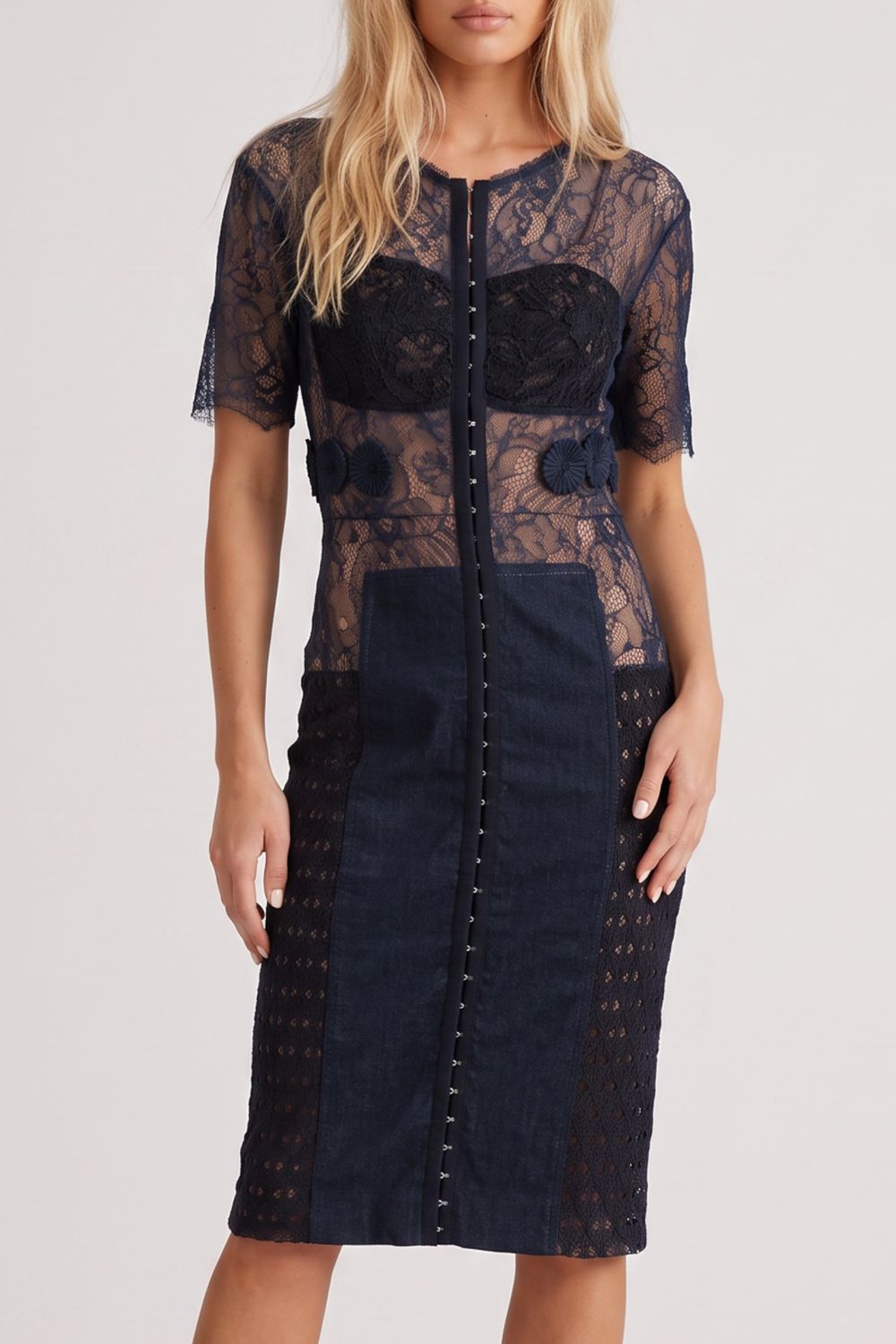 Byron Lars Beguile Carissima Navy Black Sheer Lace Dress — Hook & Eye Corset, Cocktail Dress, Old Money, Anthropologie