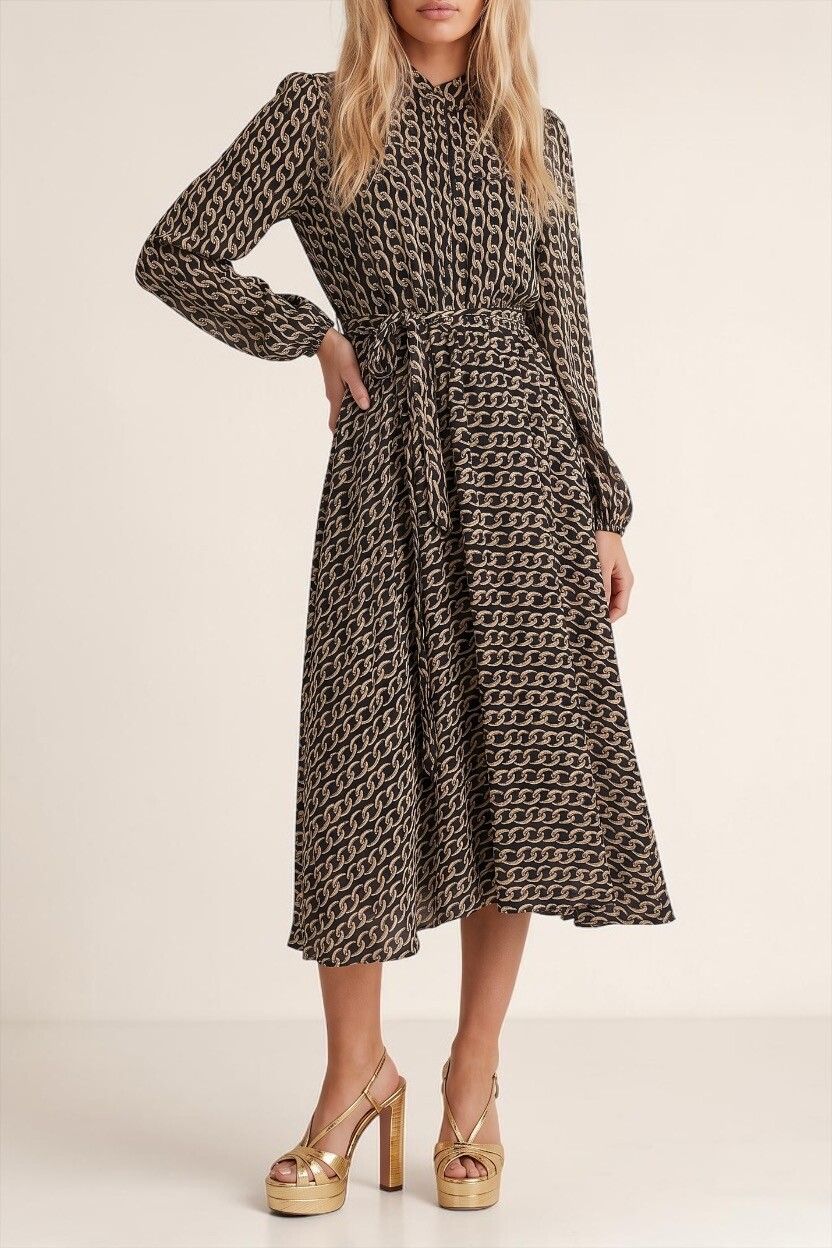 Black Beige Chain Print Chiffon Maxi Shirt Dress — Collared, Balloon Sleeve