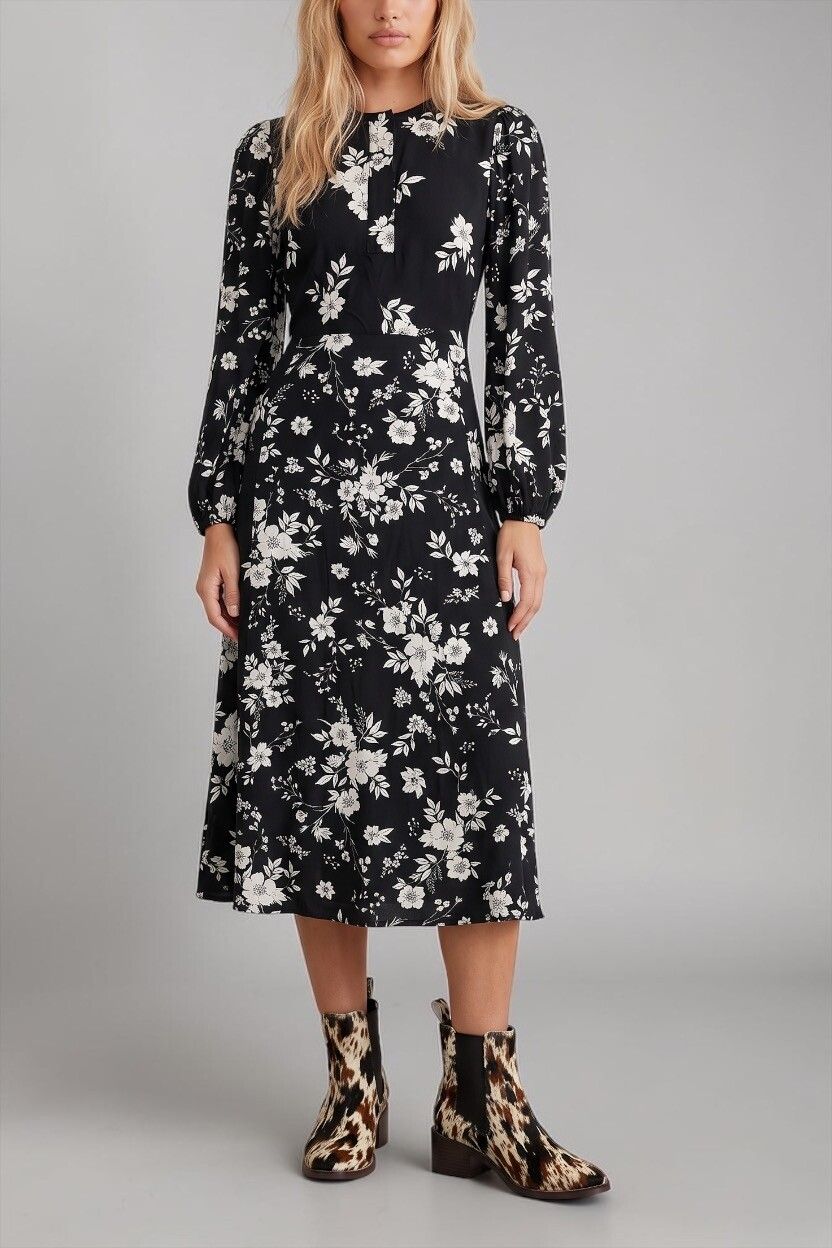Trenery Black White Blush Floral Midi Dress — Button Top, Balloon Sleeve, Viscose