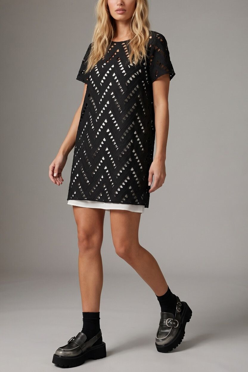 State of Grace Black Chevron Cutwork Embroidered Mini Dress — Shift Dress, Cut Out, LBD, Broderie Anglaise