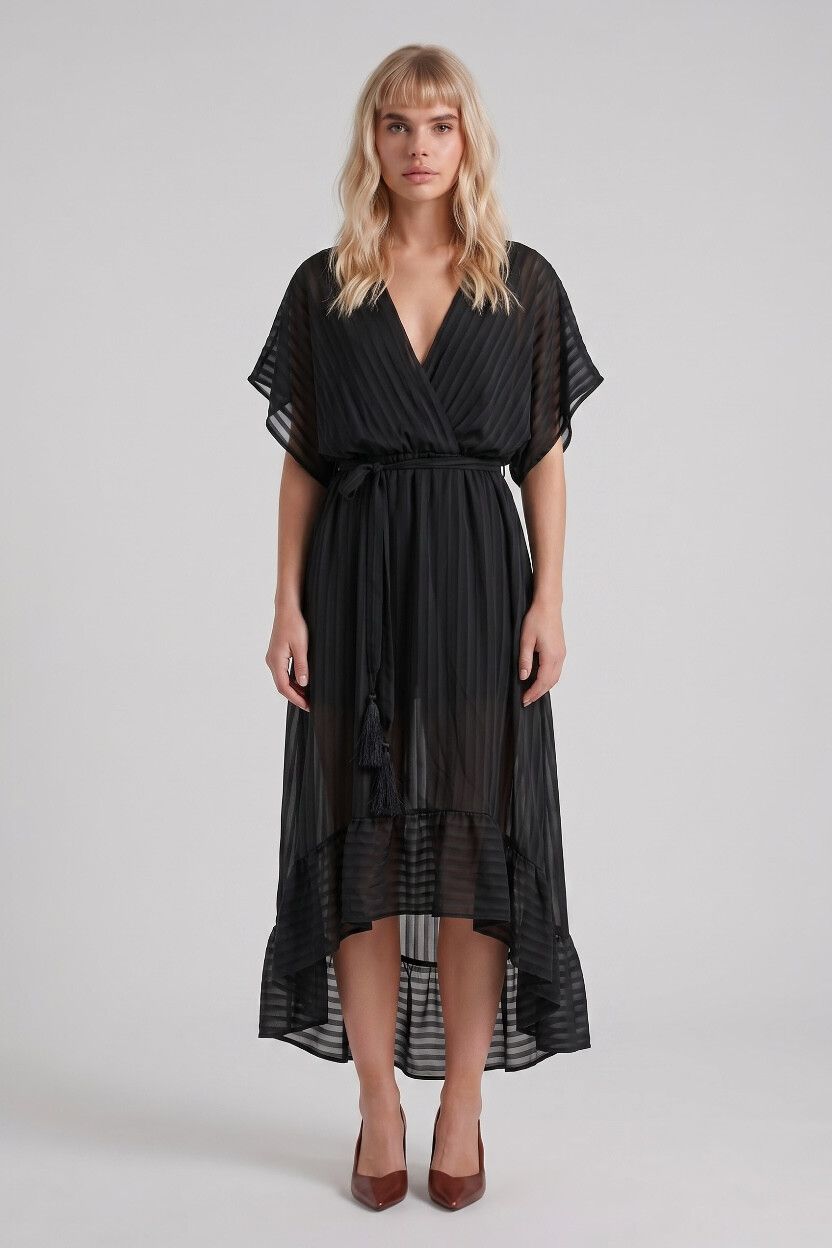 Fate + Becker Voyager Black Pinstripe Sheer Overlay Dress — Ruffles, Kimono Batwing Sleeve, Midi Maxi Dress