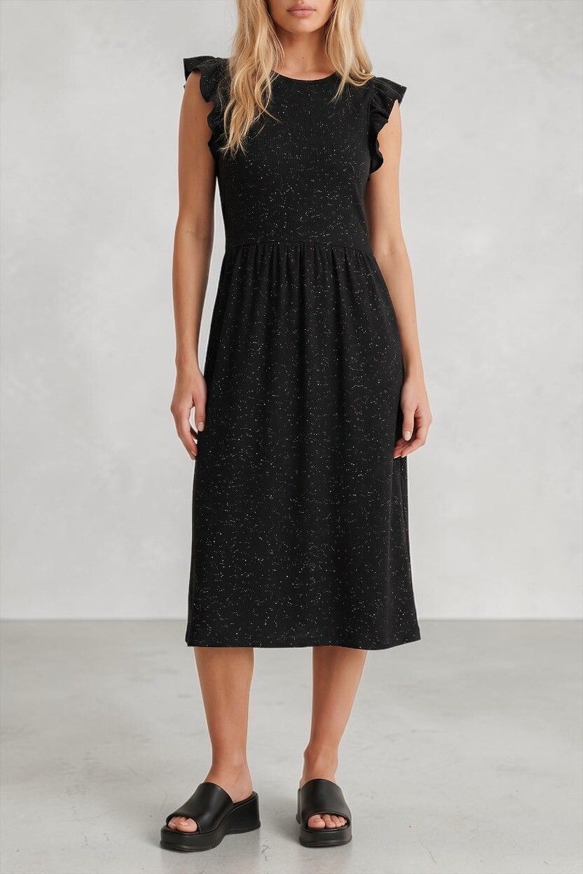 Noa Noa Black Gold Glitter Slub Stretch Dress — Mini Midi, Ruffle Frills, Pockets