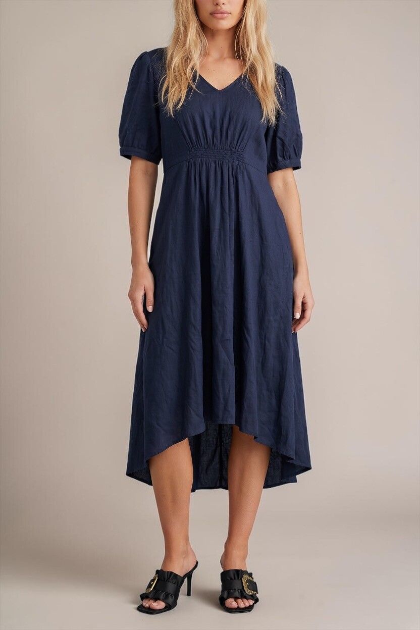 Foxwood Midnight Blue Puff Sleeve Midi Dress — Smock Dress, Brushed Velvet Feel, Balloon Sleeve, Pockets