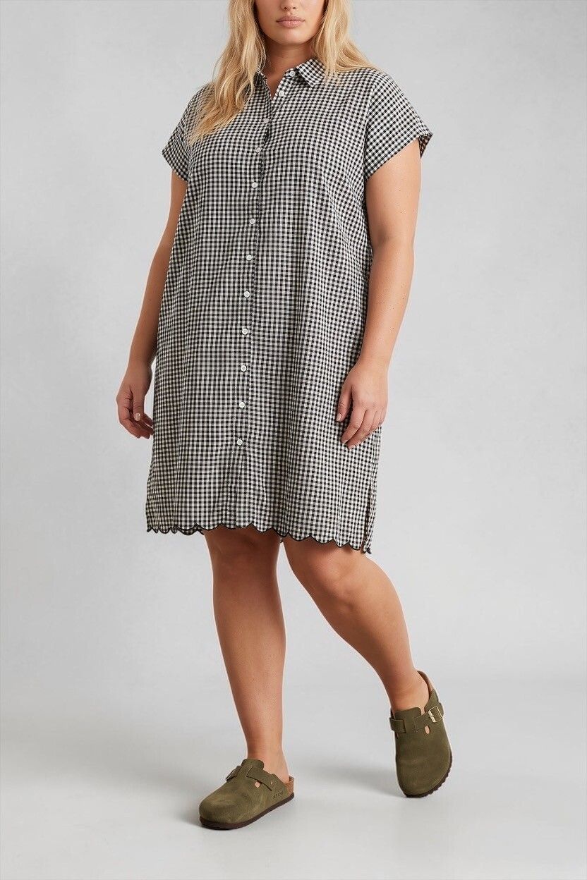 Black White Gingham Cotton Oversized Shirt Dress — Relaxed Fit, Shift Dress,  Scalloped Hem