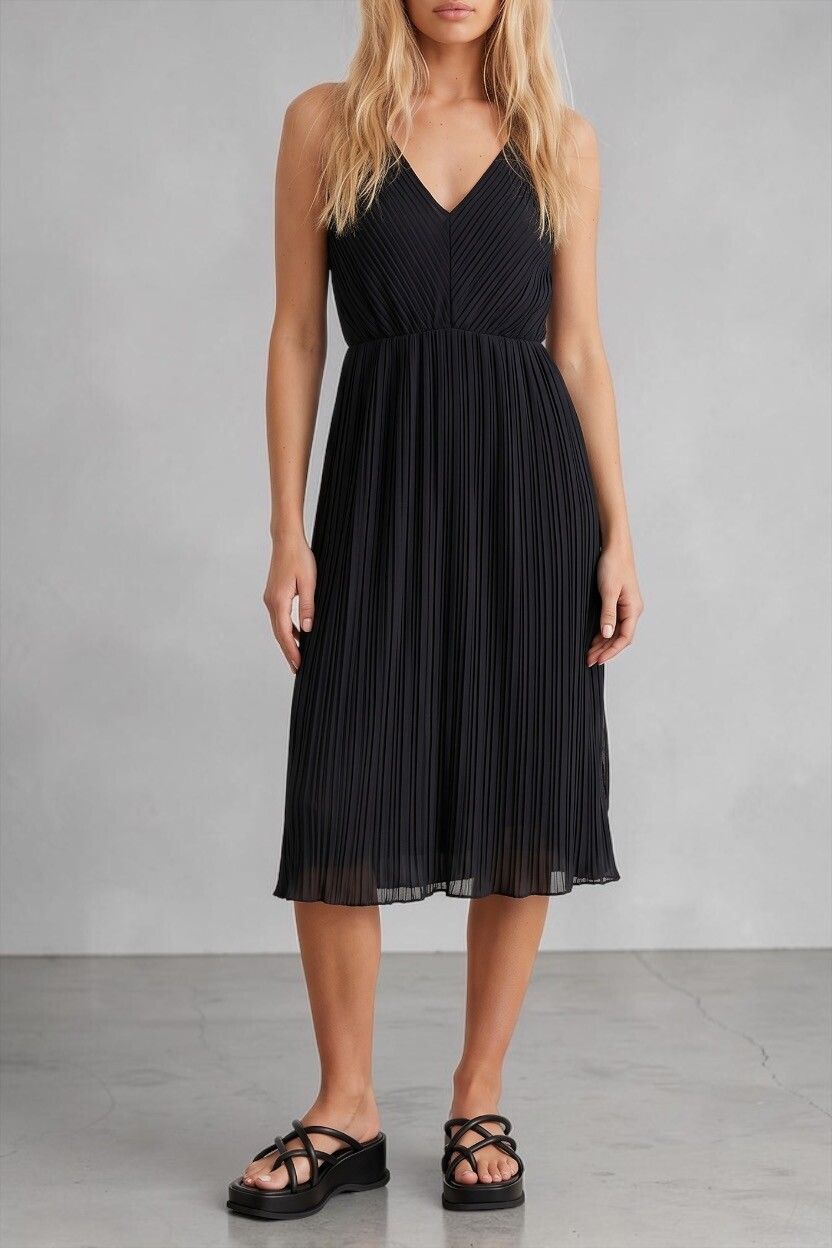 Harvey Who? Deep Blue Chiffon Accordion Pleated Midi Dress — Elastic Waist, Lettuce Hem, Y2K