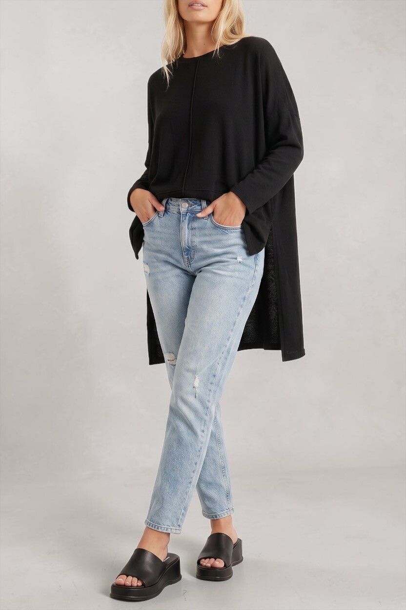 Love Lily Black Oversize Fine Knit Jersey — Relaxed Fit, Wide, Slouchy, High Low Hem