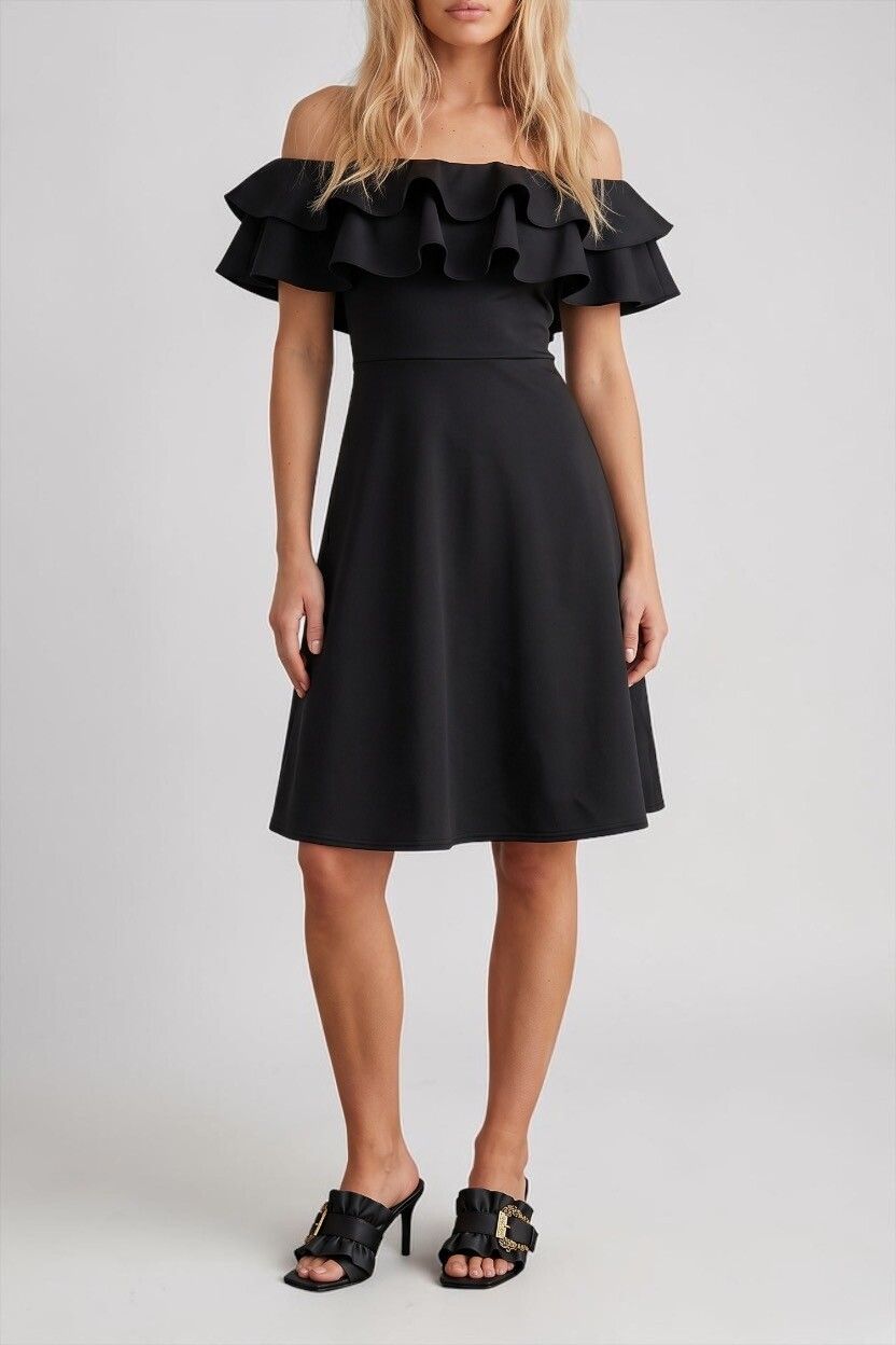 Black Neoprene-Style Fit & Flare Bardot Ruffle Mini Dress — Structured, Thick Fabric, Statement Dress