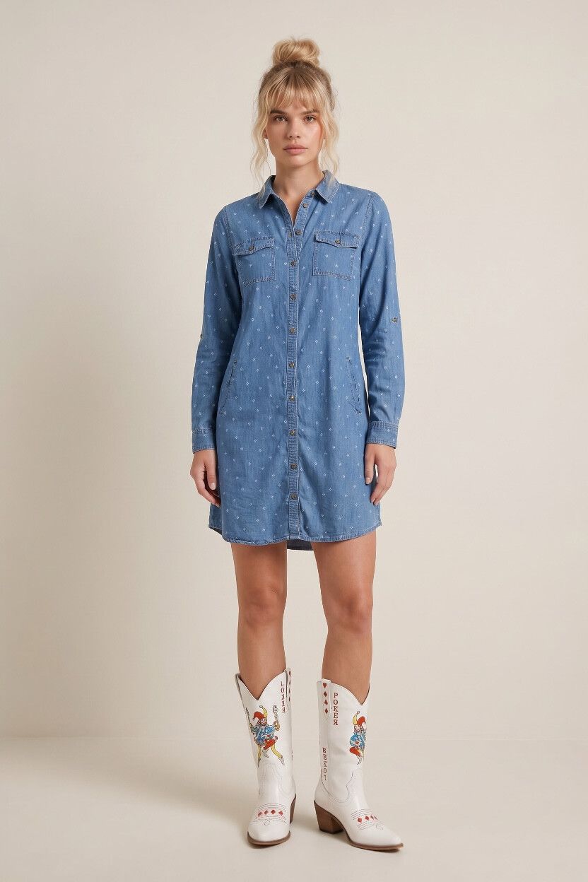 Light Blue Ditsy Print Denim Shirt Mini Dress — Lightweight Shift Dress, Button Front, Relaxed Fit