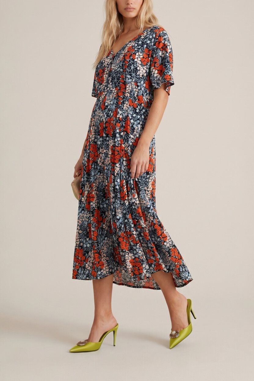 Lemon Tree Cascade Floral Print Button Front Midi Dress — Pastel Blue Orange-Red White, Relaxed Fit, Pockets