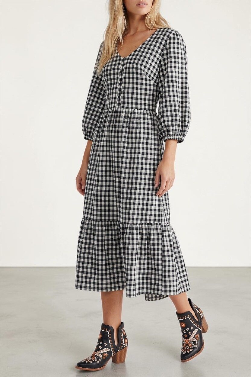 Black White Gingham Cottagecore Ruffle Midi Dress — Prairie Style, Puff Balloon Sleeves