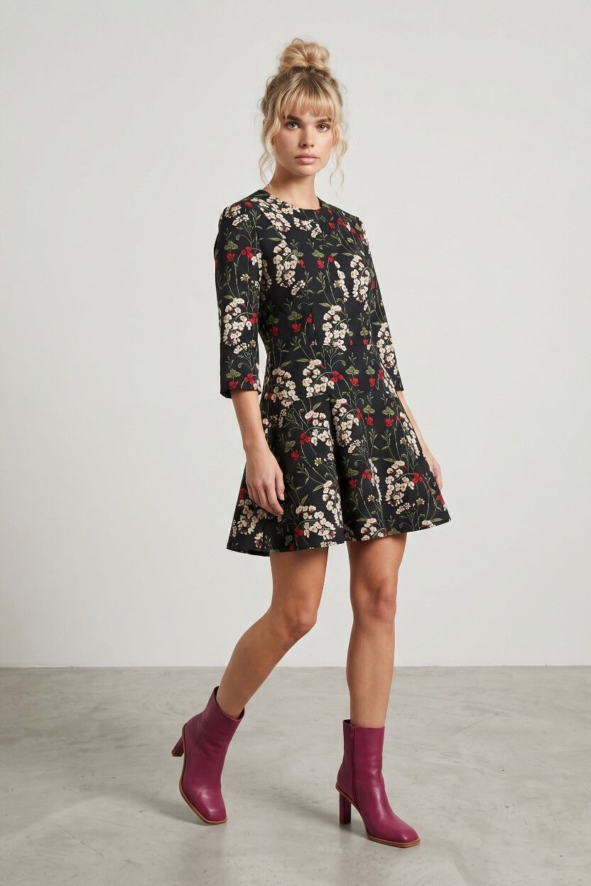 Cue Dark Floral Orchid Skater Fit & Flare Mini Dress — Fluted Sleeves, Moody Floral