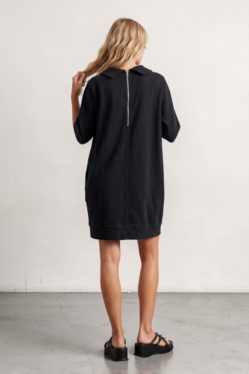 Briarwood Thick Winter-Weight Black T-Shirt Shift Dress — Reverse Collar, Relaxed Fit, LBD