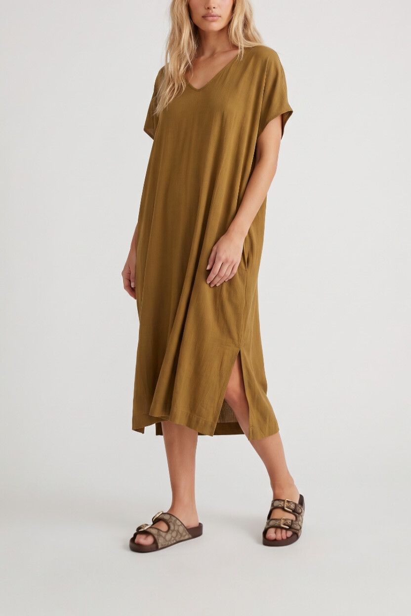 Sills Olive Mustard Sleeveless Oversized Midi Shift Dress — Relaxed Fit, Viscose, Lightweight