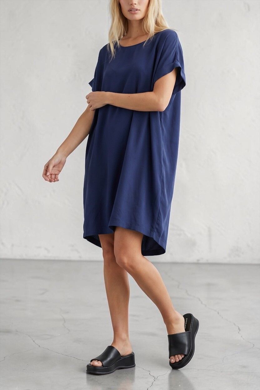 Arielle Mermin Dark Blue Crepe Oversized T-Shirt Shift Dress — Crepe Viscose, Relaxed Fit