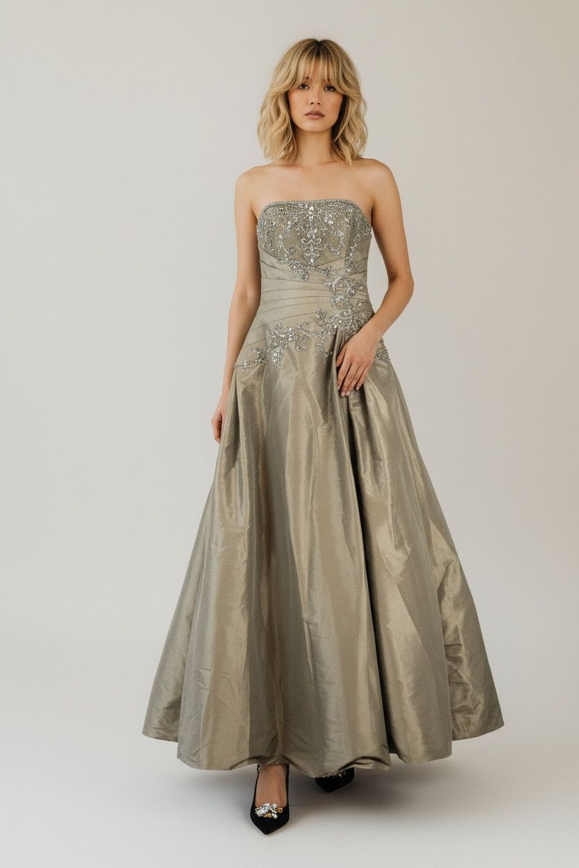 2000s "Old Money" Iridescent Taupe Debutante Ball Gown — Iridescent Taffeta, Beaded, Bridgerton