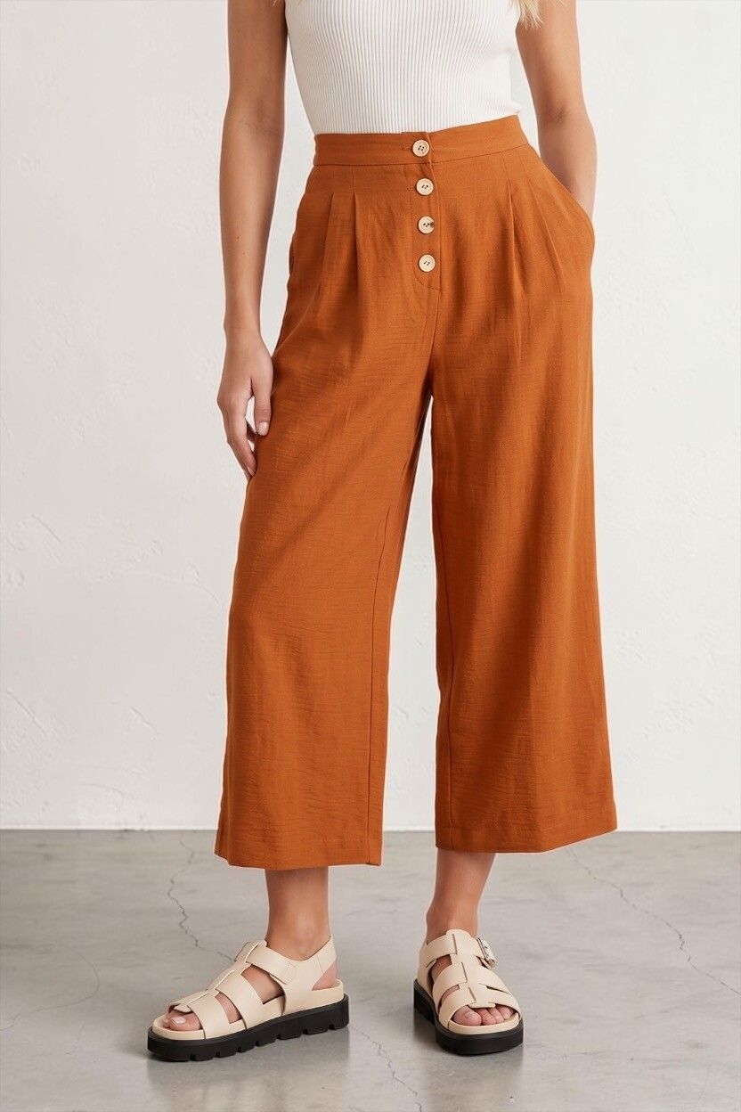 Retro Tobacco Chiffon High Waisted Gaucho Pants — Culottes, Rust Terracotta, Relaxed Fit, Wide Leg, Cropped