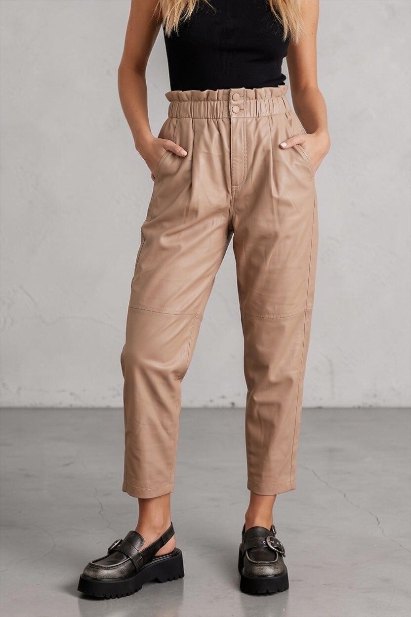 80s Style Pastel Beige Brown High Waisted Leather Pants — Paperbag Waist, Tapered Leg, Panelled, BNWT
