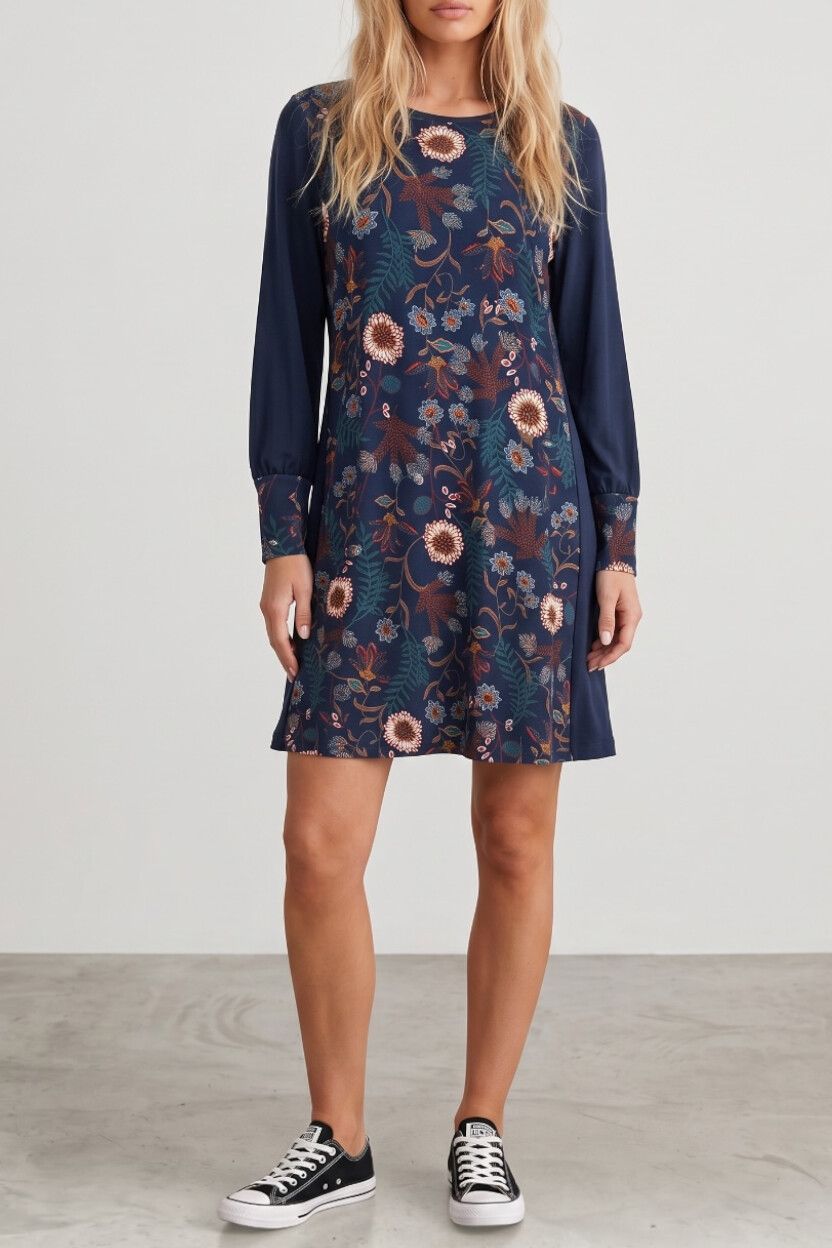 Madly Sweetly Navy Retro Floral Jersey Long-Mini Dress — Long Sleeve, Panel, T-Shirt Dress, Loobie's Story