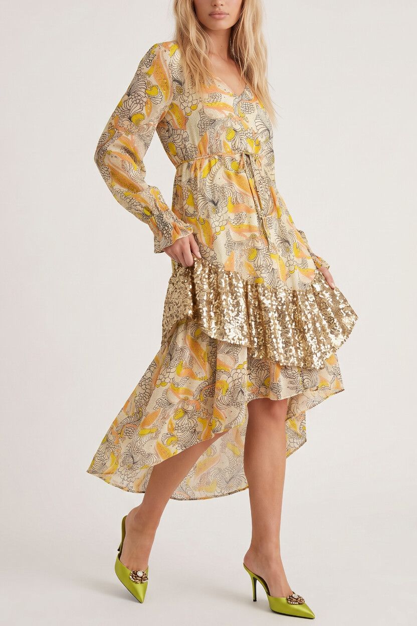 Augustine "Anita" Oriental Gold Foil Sequin Midi Dress — Balloon Sleeve, Asymmetrical, BNWT
