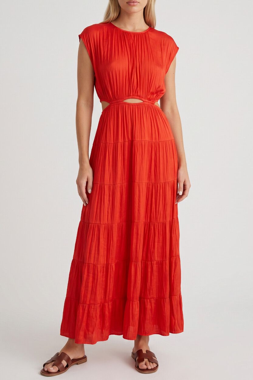 THE Fated "Terisa" Cut Out Coral Maxi Dress — Tiered, Satin-Look, Orange