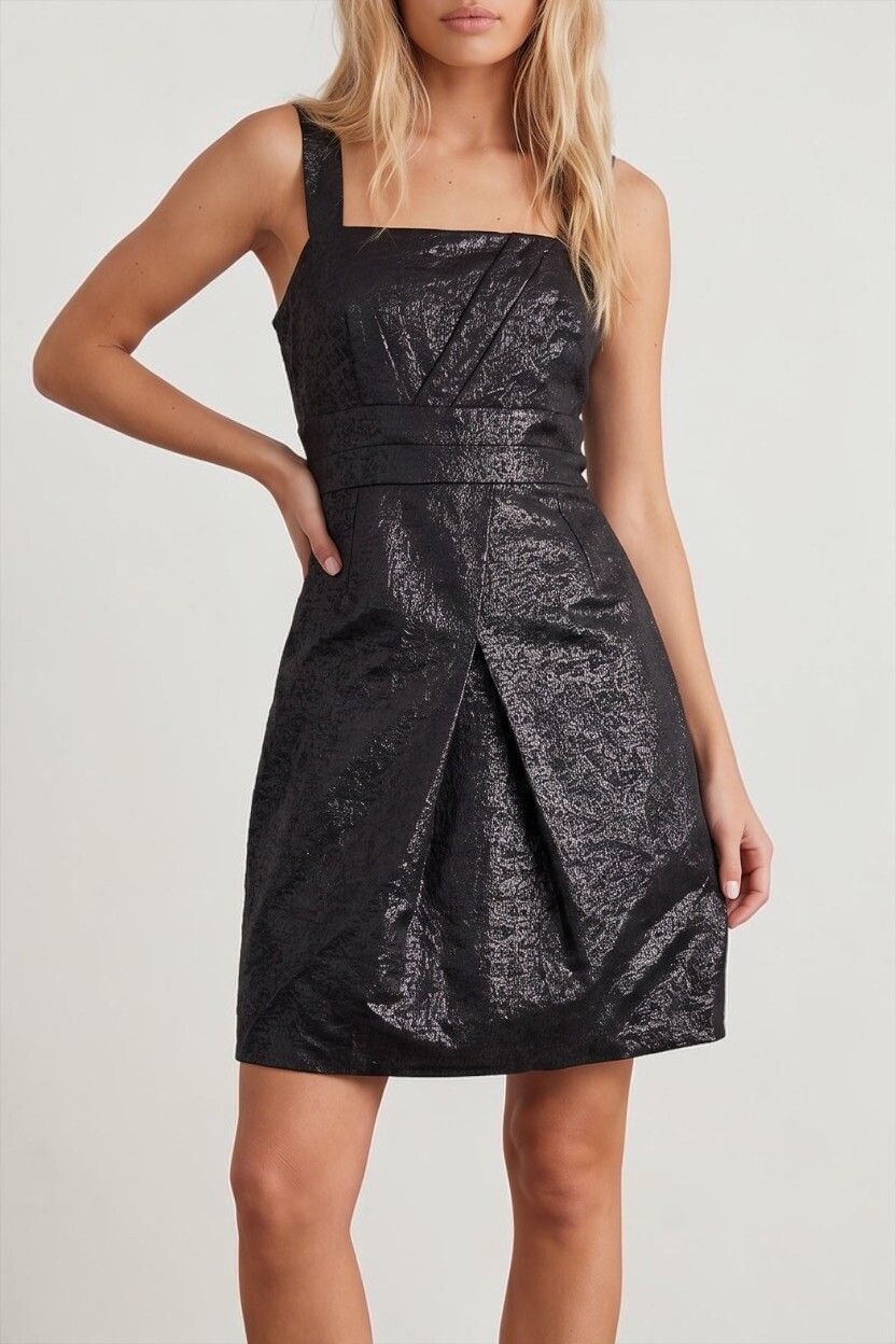 MAX Y2K Shimmer Jacquard Pleat Mini Dress — Square Neck, Sparkle, LBD