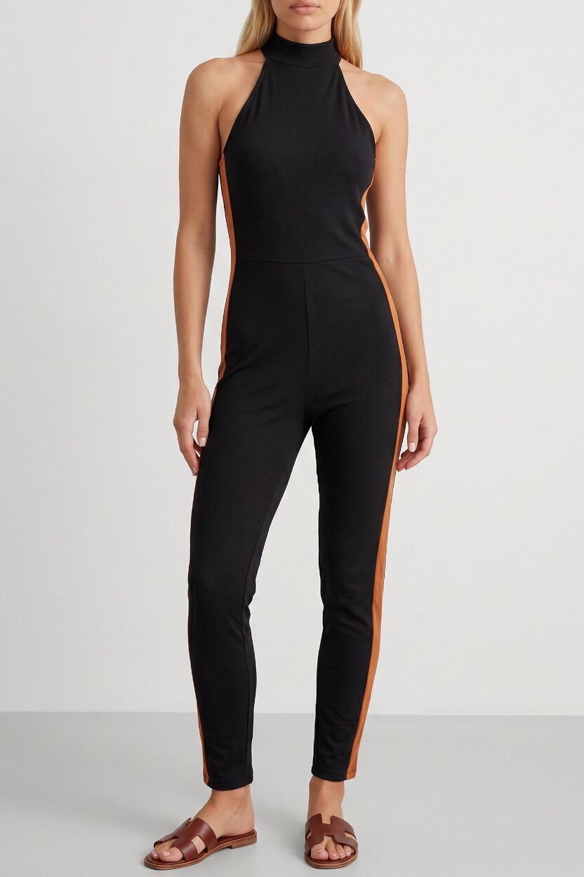 Bershka Black Ribbed Knit Halter Bodycon Jumpsuit — Racerback, Full Length, Stretch Catsuit