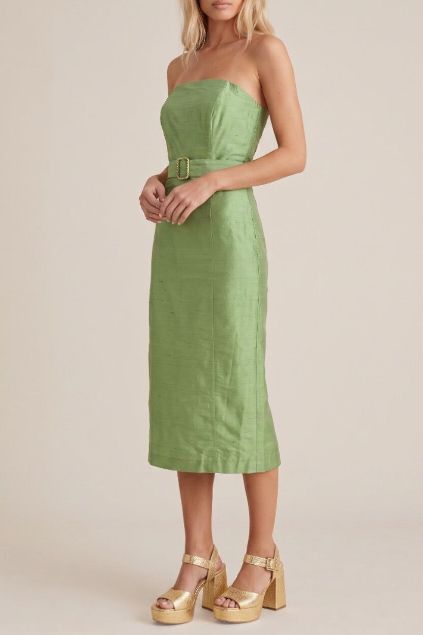 Isabella Stuart Couture Pistachio Green Strapless Long-Mini Sheath Dress — Dupion Silk, 50s 60s Wiggle, Belted