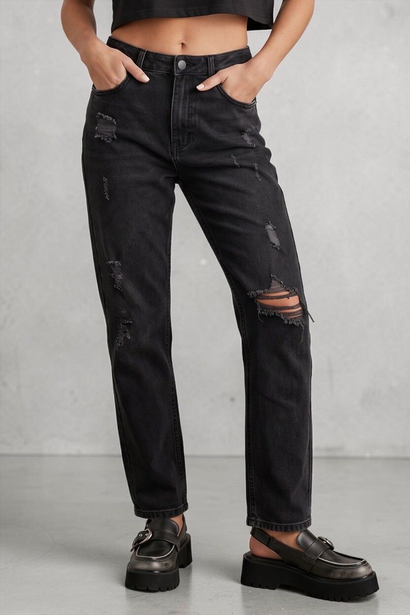 Distressed Black Wash High Rise Boyfriend Jeans — Relaxed Fit, Faded Denim, Full Length