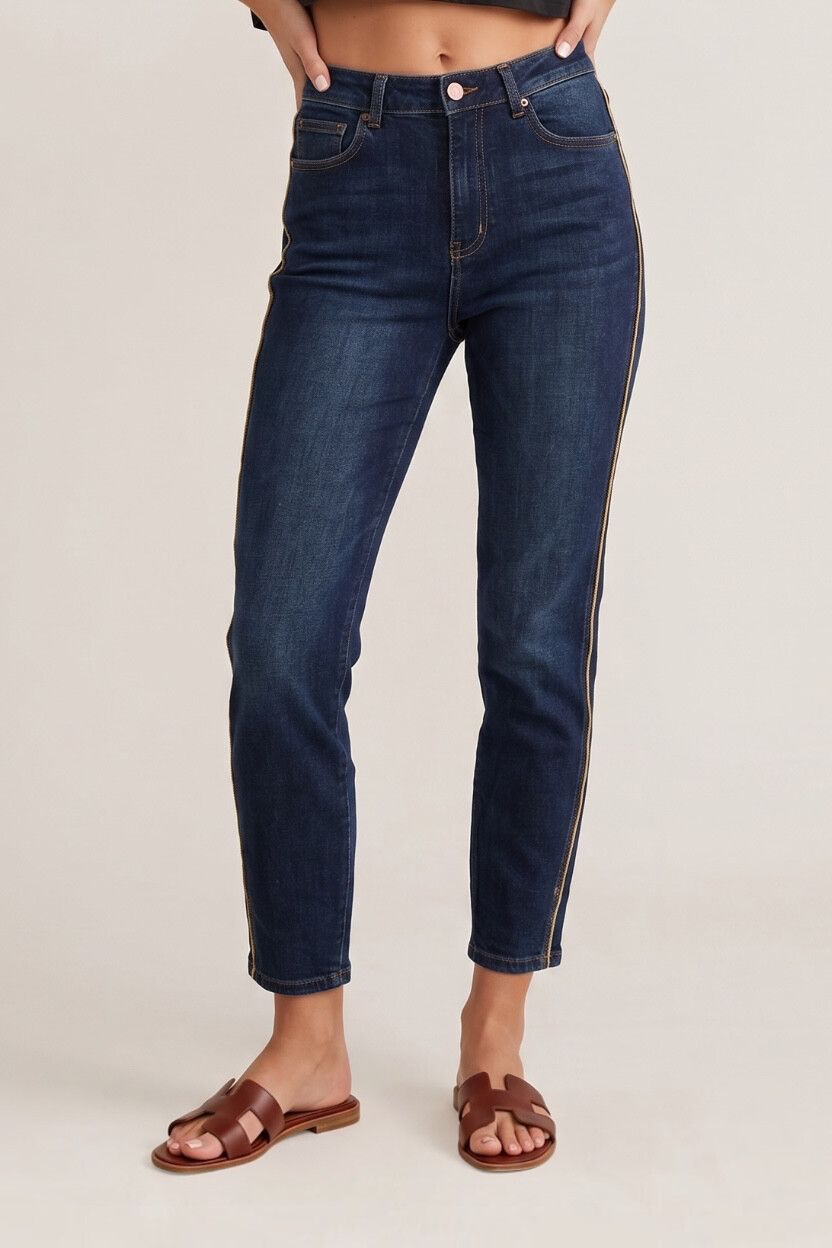 Boden "Edinburgh" High Rise Dark Blue Glitter Jeans — Glitter Denim, Ankle Grazer, Sporty Side Stripe