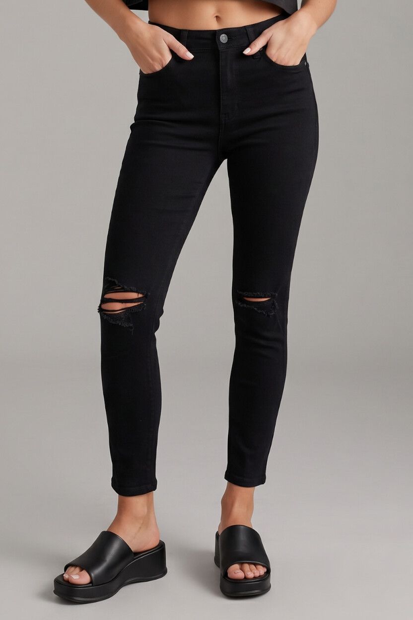 Topshop Moto "Jamie" High Rise Black Distressed Skinny Jeans — Stretch Denim, Ankle Grazer