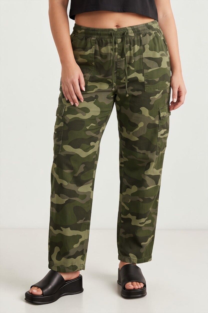 Olive Green Grey Camouflage Ultra High Rise Cargo Pants — Relaxed Fit, Military Utility, Gorpcore, Joggers, Plus Size