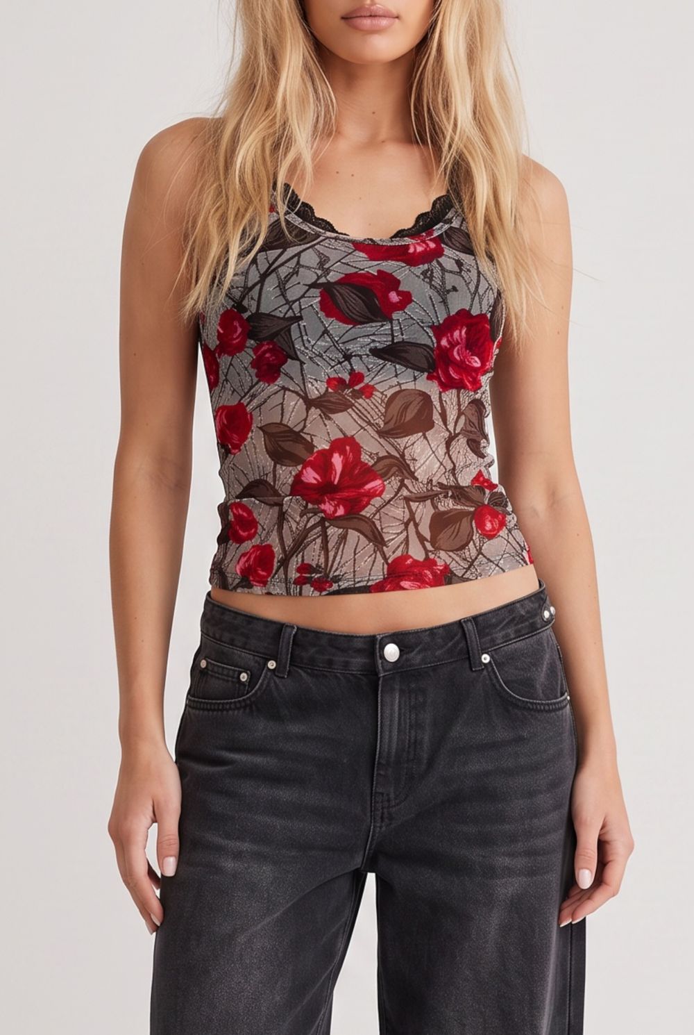 Helen Cherry 90s 00s Moody Romantic Floral Burnout Floral Cami Top — Grey Brown Pink/Red, Rose Print, Y2K Sleeveless Tank