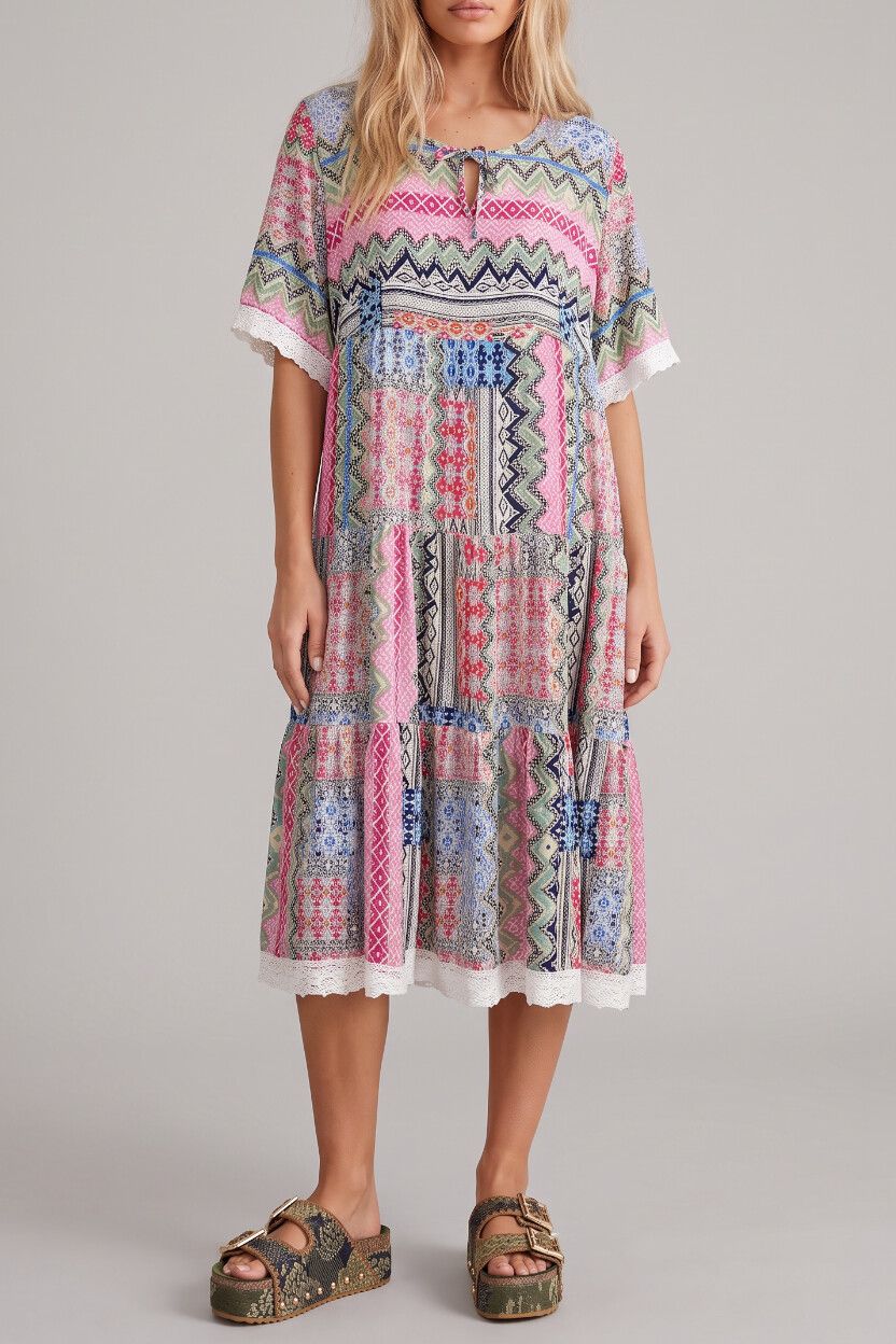 Cafe Latte Mixed Print Patchwork Midi Smock Dress — Zig Zag, Multicolour, Y2K Cottagecore