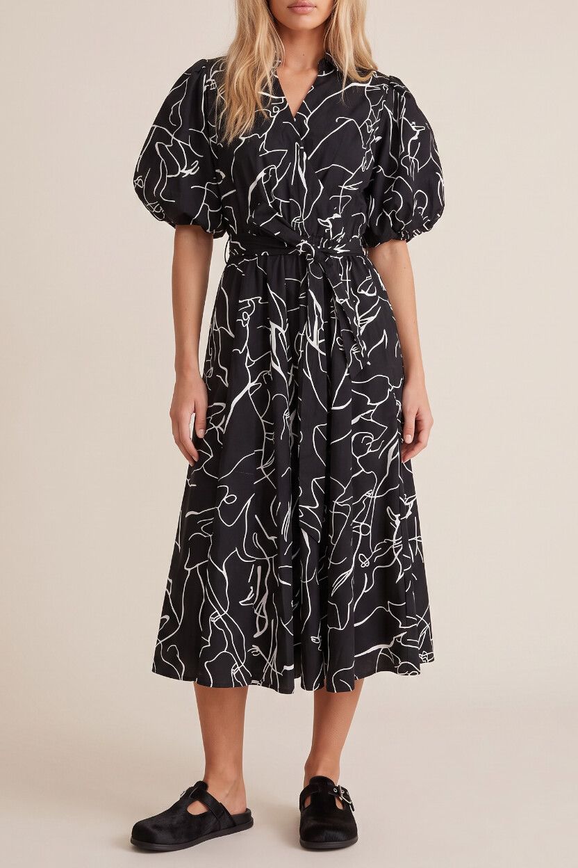 Spicy Sugar Black White Scibble Puff Sleeve Midi Dress — Cotton, Monochrome, Swing Dress, BNWT