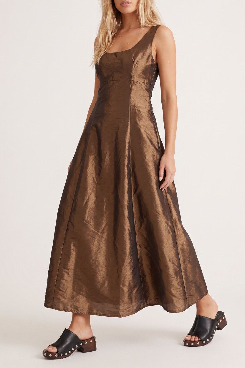 90s Vintage Metallic Brown Iridescent Bronze Taffeta Swing Dress — Retro, Empire Waist, Tarnished Gold, Ball Evening Gown