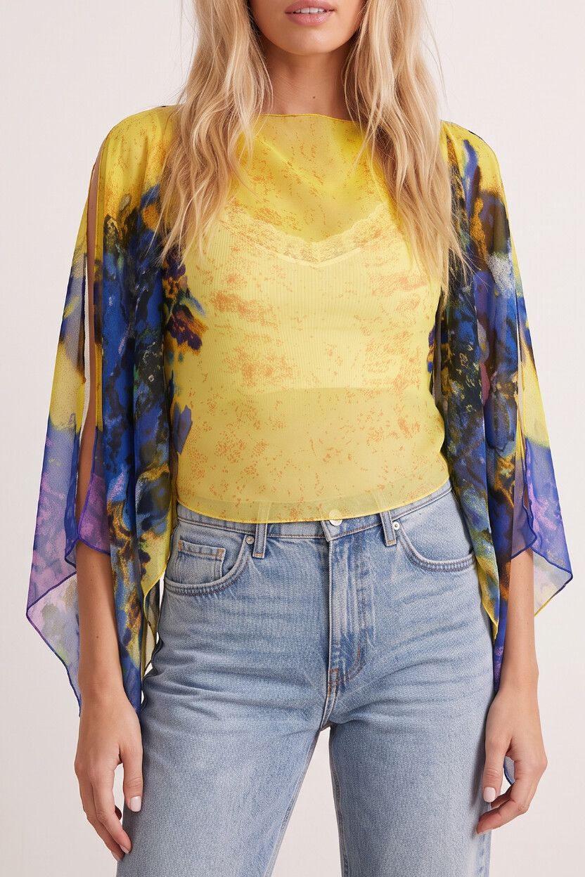Retro Sheer Abstract Floral Chiffon Scarf Cape Over-Top — Yellow Blue, Bohemian, Layering, Vintage, Poncho