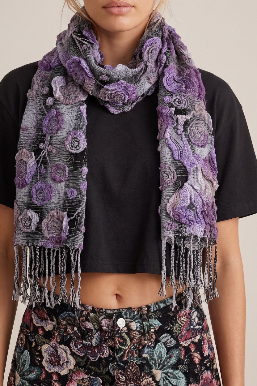 Retro Artisan Lavender Purple Grey Woven Fibre-Art Scarf — Textured, Floral, Rosette, Grandmacore, Cottagecore