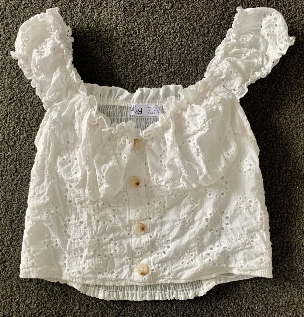 Ally Fashion (Australian label) white broderie anglaise shirred back crop top. Like new.