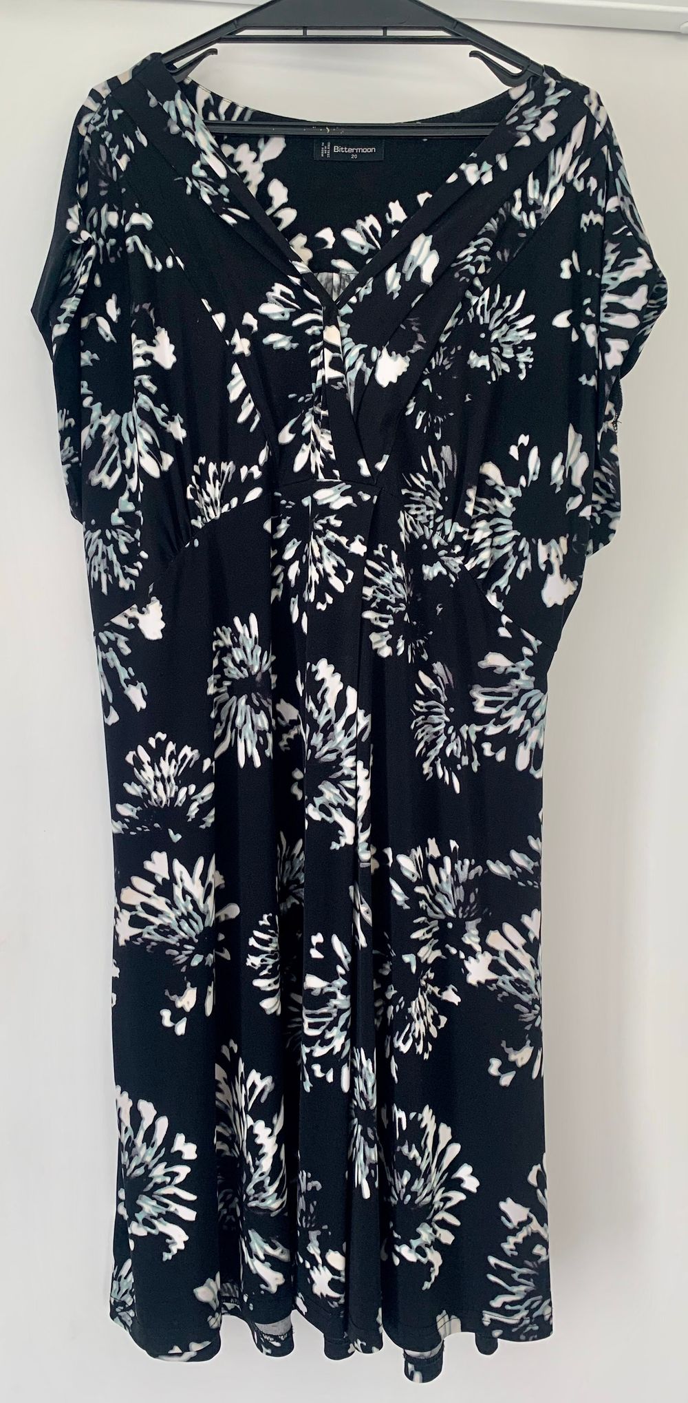 Bittermoon Label black floral print dress with V neck. Size 20
