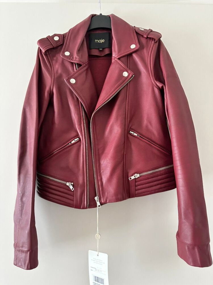 Maje Burgundy Basalt Leather Biker Jacket