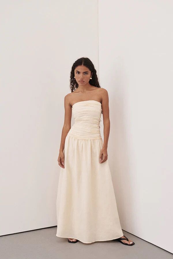 DISSH - CATANIA CREAM LINEN STRAPLESS MIDI DRESS on Designer Wardrobe