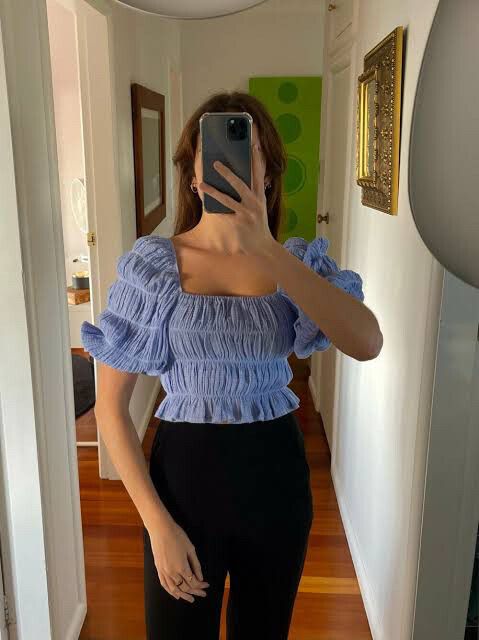 RUBY Mirella Puff Sleeve Bodice Shirred Top in Light Blue