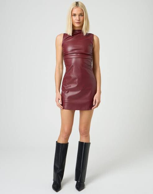 GLASSONS ruched faux leather mini dress in dust red