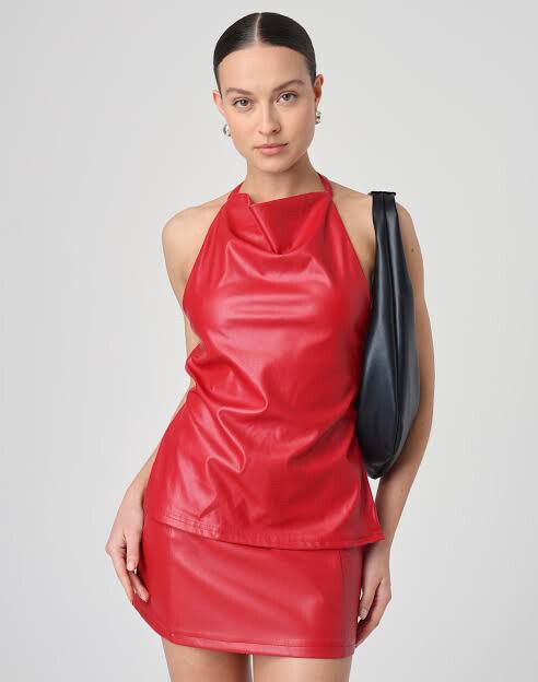 GLASSONS 2 piece faux leather red mini skirt and open back top